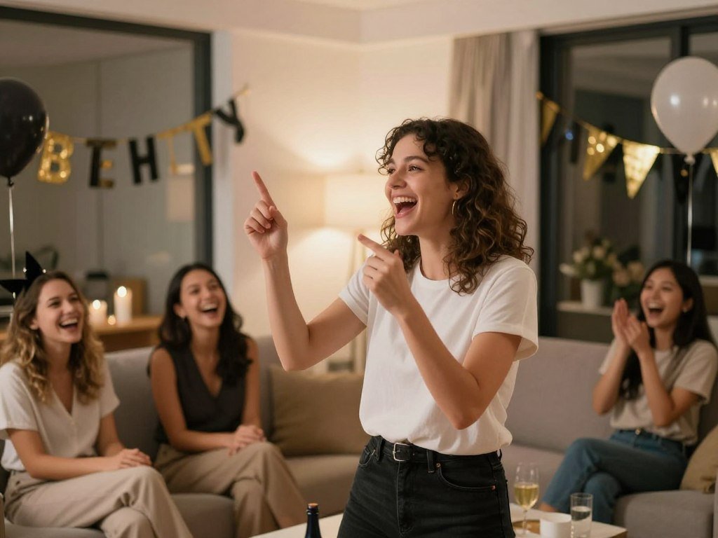 women playing charades at bachelorette party with animated gestures women playing charades at bachelorette party with animated gestures