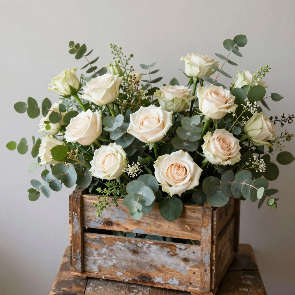 wooden box centerpiece with flowers and greenery