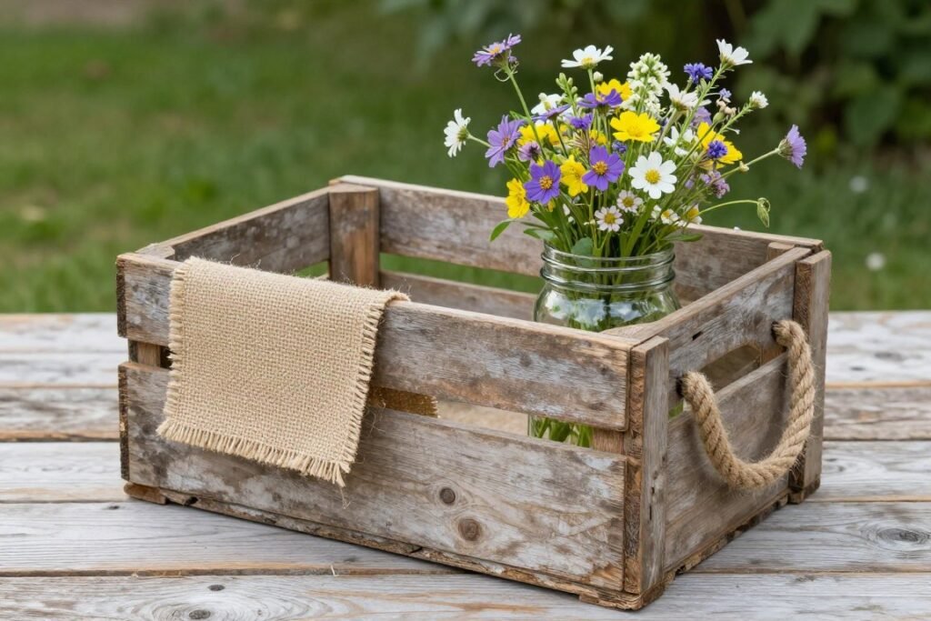 wooden crate card box decorated with burlap and wildflowers for barn wedding wooden crate card box decorated with burlap and wildflowers for barn wedding