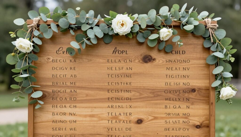 wooden seating chart decorated with flowers and greenery
