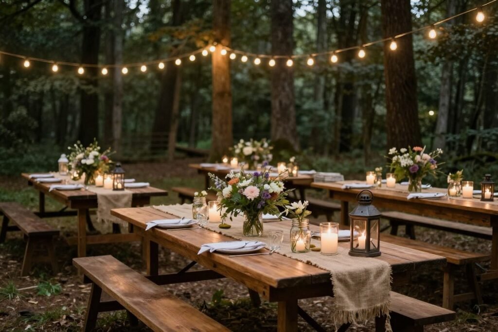 woodland wedding reception in forest clearing