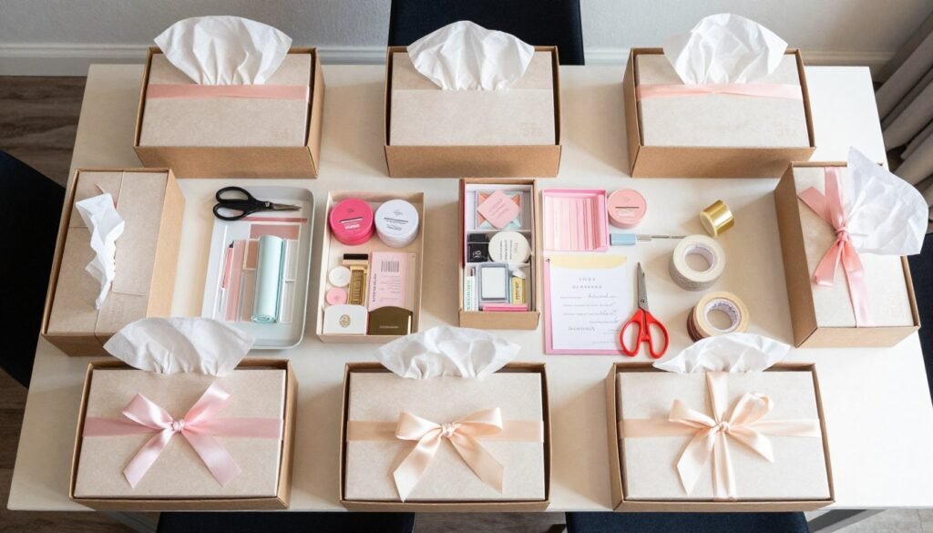 workspace setup for assembling bridesmaid boxes with all materials organized