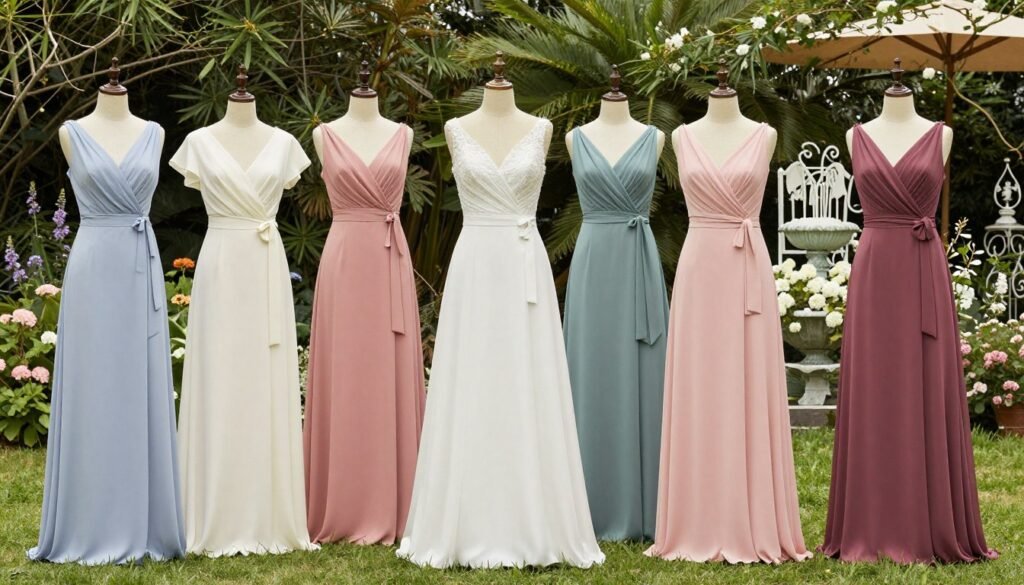 wrap bridesmaid dresses various colors coordinated