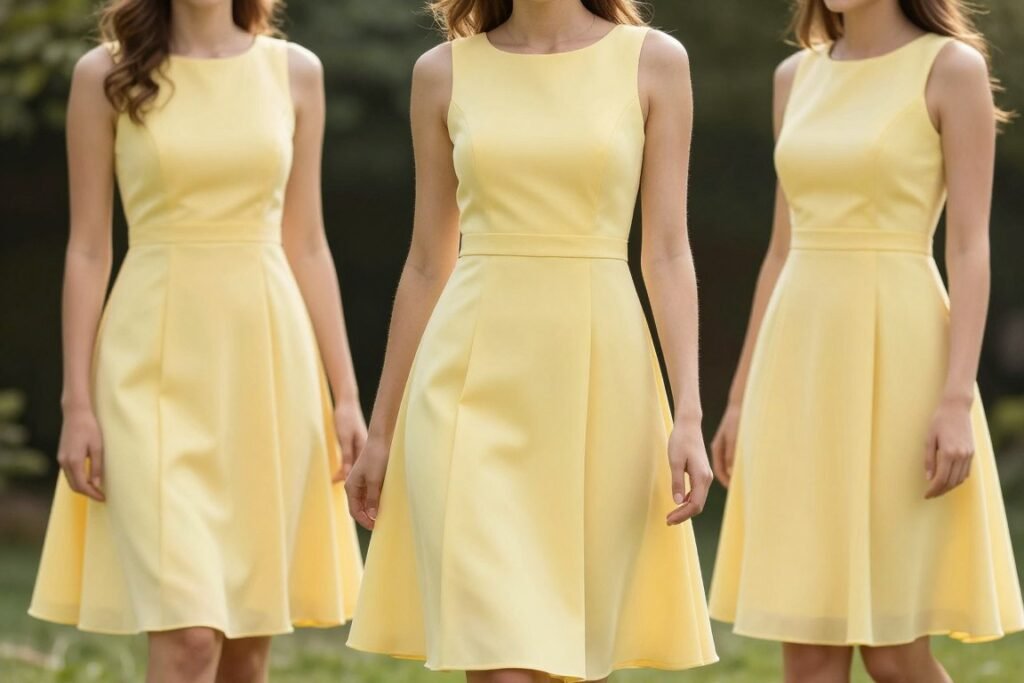 yellow A-line bridesmaid dress flattering fit yellow A-line bridesmaid dress flattering fit