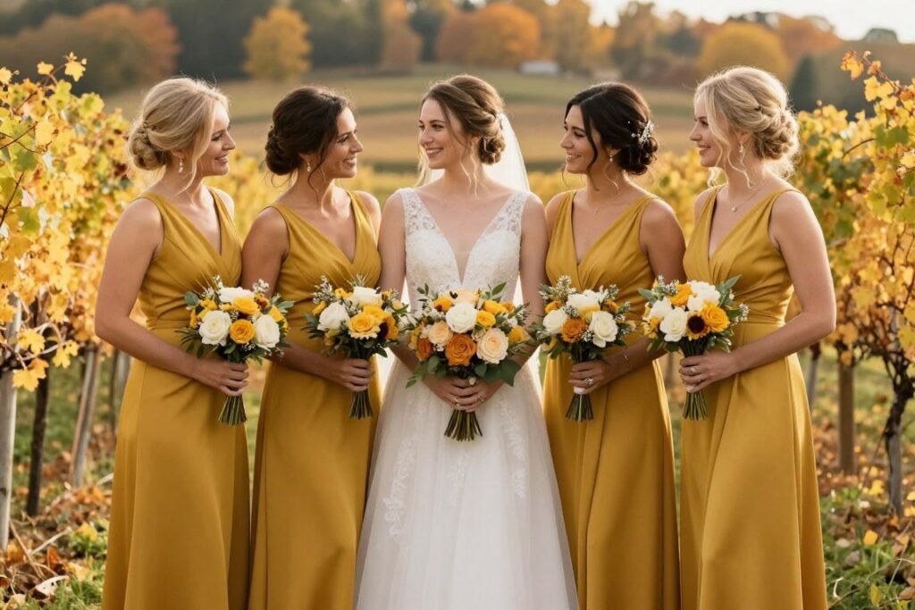 yellow bridesmaid dresses autumn wedding styling yellow bridesmaid dresses autumn wedding styling