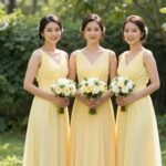 yellow bridesmaid dresses in garden wedding setting