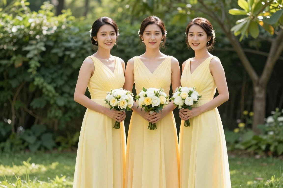 yellow bridesmaid dresses in garden wedding setting