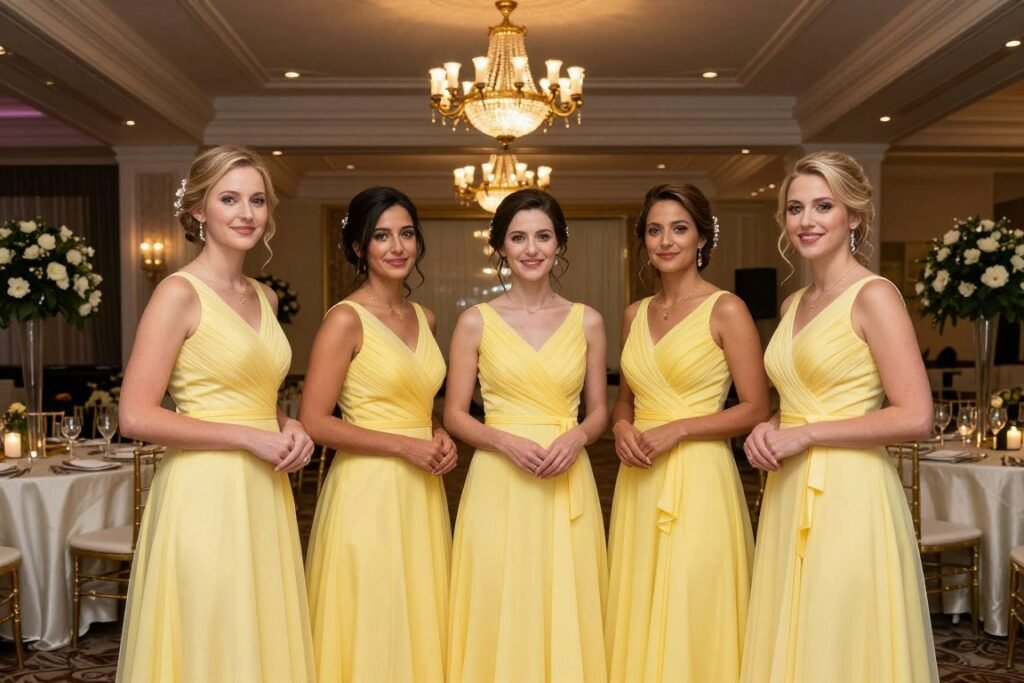 yellow bridesmaid dresses indoor reception lighting yellow bridesmaid dresses indoor reception lighting