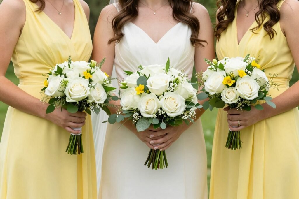 yellow bridesmaid dresses with white and green bouquets yellow bridesmaid dresses with white and green bouquets