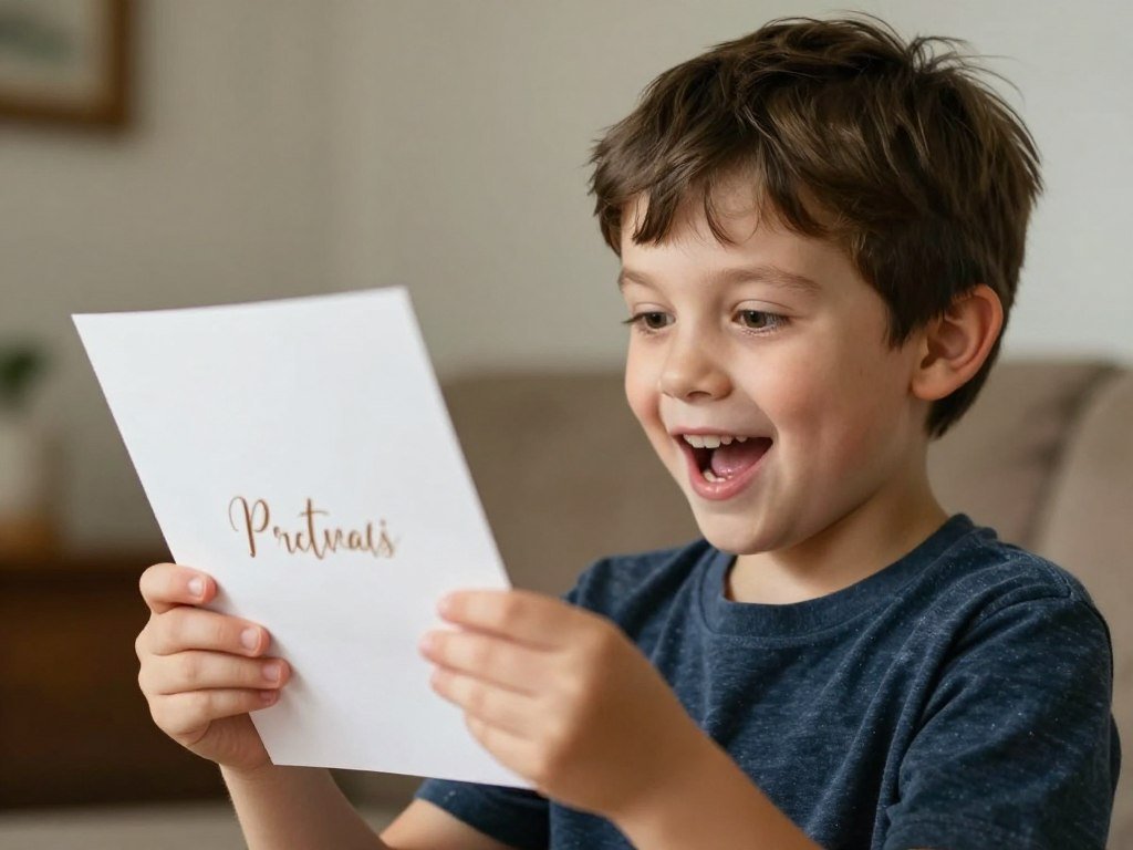 young boy holding ring bearer proposal card with excited expression