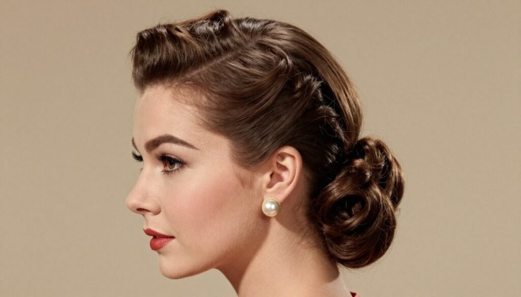 1950s rolled updo with side part wedding hairstyle