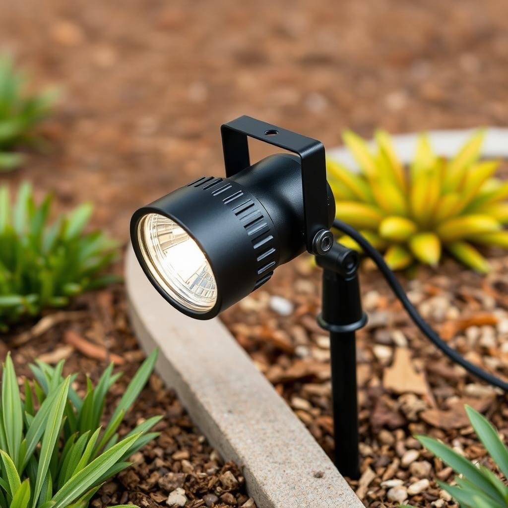 Adjustable outdoor spotlight on stake in garden bed Adjustable outdoor spotlight on stake in garden bed