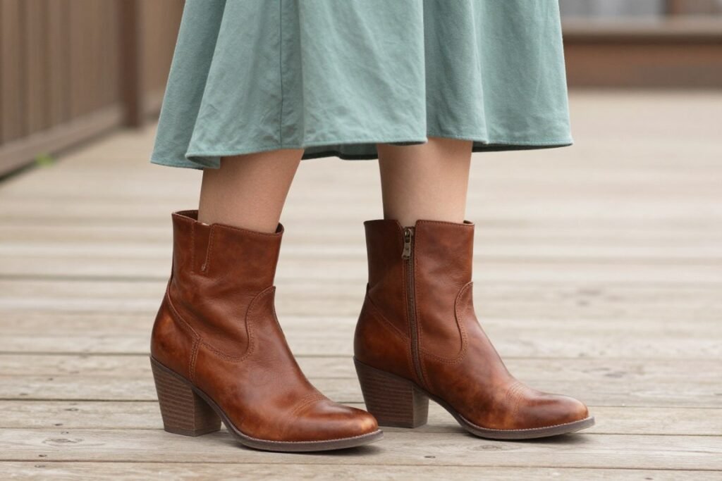 Ankle boots styled with midi dress for western wedding
