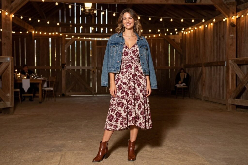 Barn wedding guest outfit with midi dress and boots