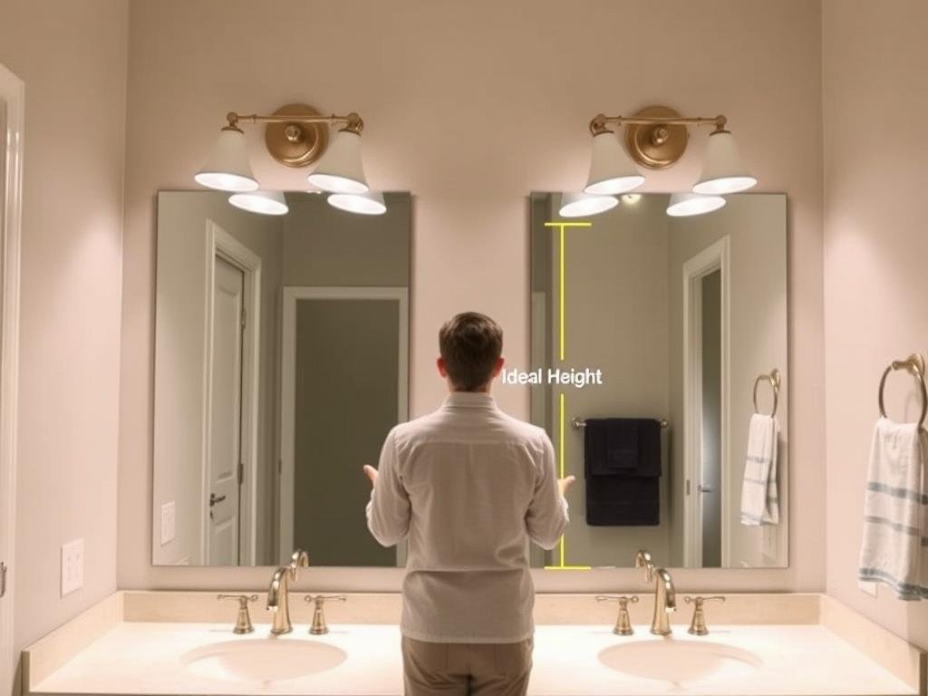 Bathroom showing ideal vanity light height placement Bathroom showing ideal vanity light height placement