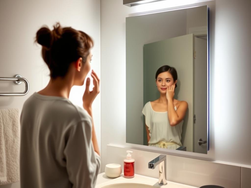 Bathroom vanity with proper lighting showing clear mirror reflection Bathroom vanity with proper lighting showing clear mirror reflection