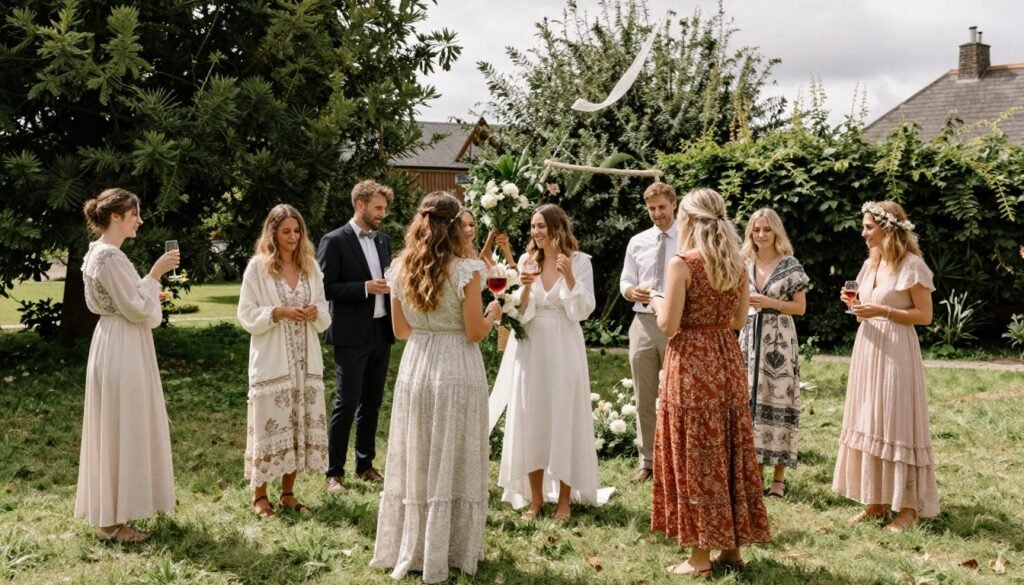 Beautiful boho wedding guest enjoying outdoor celebration