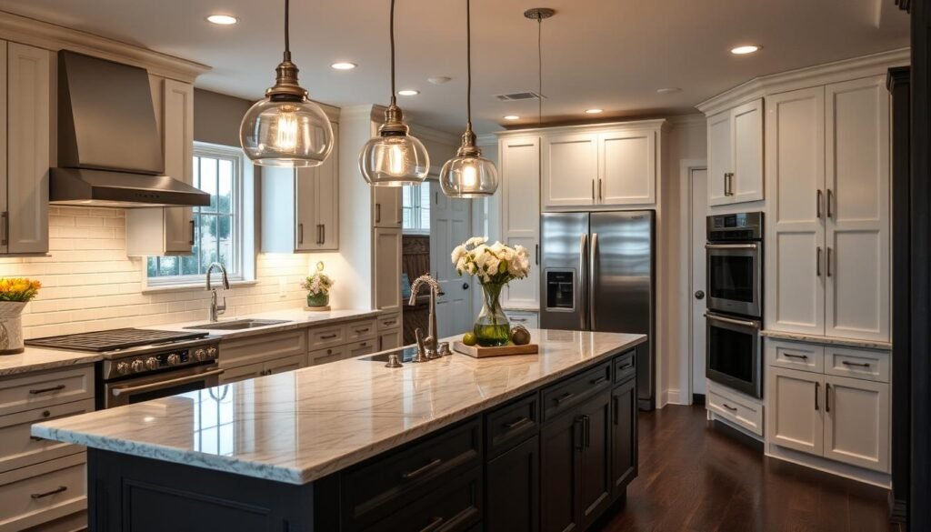 Beautiful completed kitchen with perfect island lighting installation Beautiful completed kitchen with perfect island lighting installation