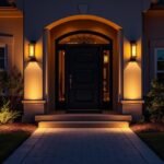 Beautiful illuminated house entrance with layered outdoor lighting ideas including wall sconces and pathway lights