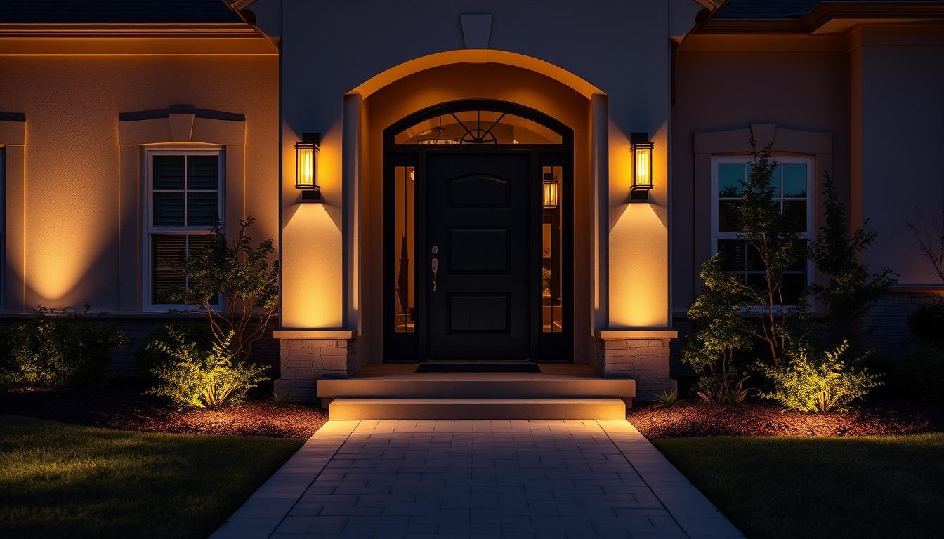 Beautiful illuminated house entrance with layered outdoor lighting ideas including wall sconces and pathway lights