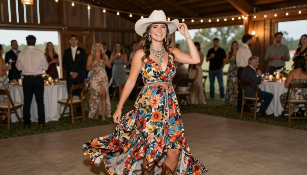 Beautiful western wedding guest enjoying celebration in perfect outfit