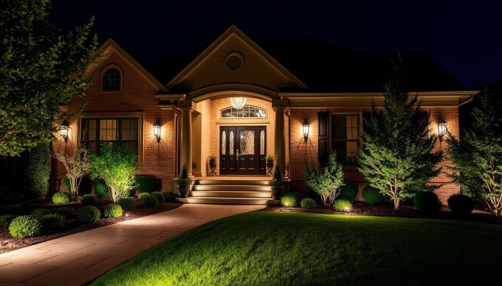 Beautifully lit house entrance at night showcasing multiple lighting techniques Beautifully lit house entrance at night showcasing multiple lighting techniques