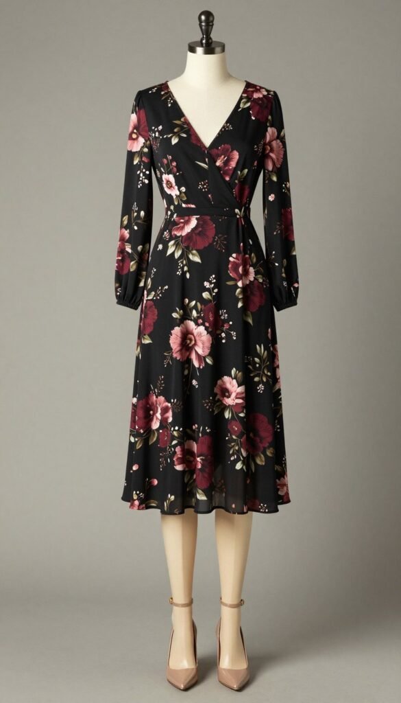 Black floral midi dress styled