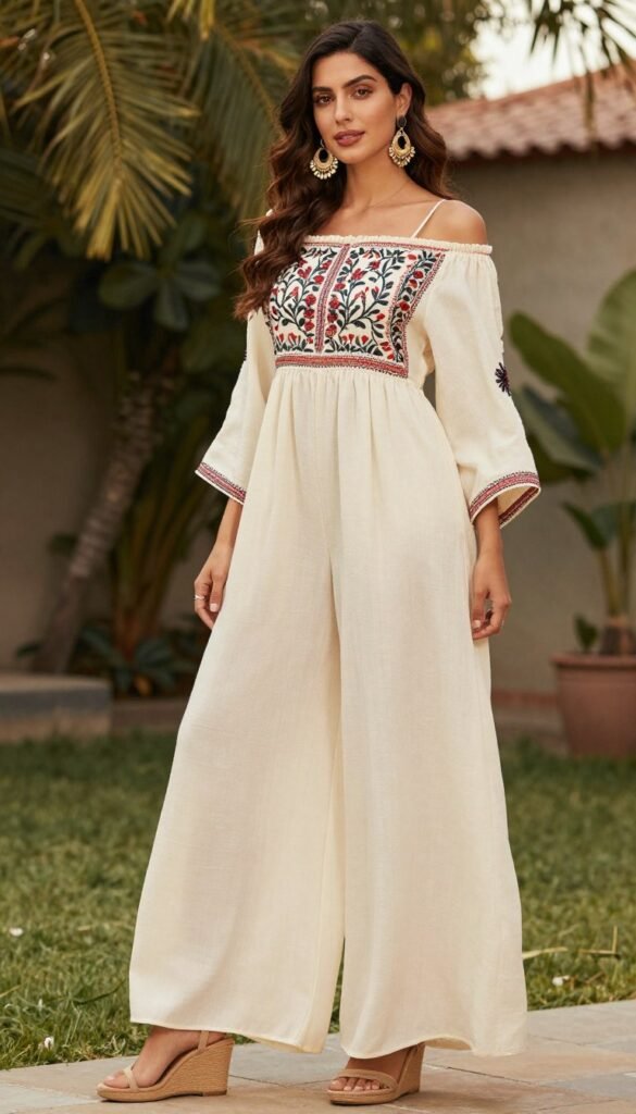 Bohemian jumpsuit styled for wedding guest