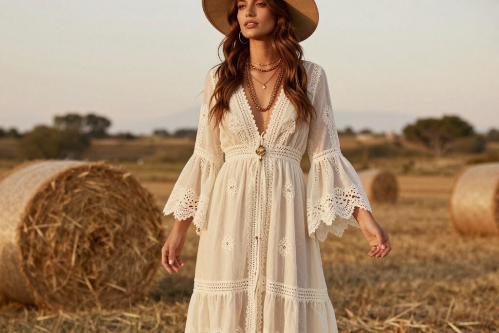 Bohemian maxi dress western wedding guest outfit with lace details