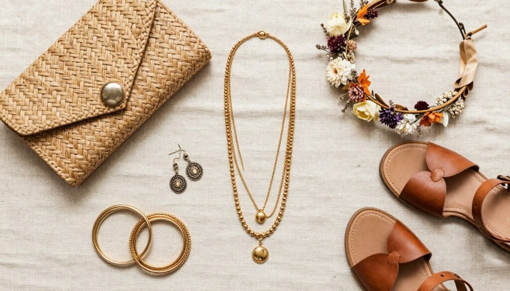 Bohemian wedding guest accessories laid out beautifully