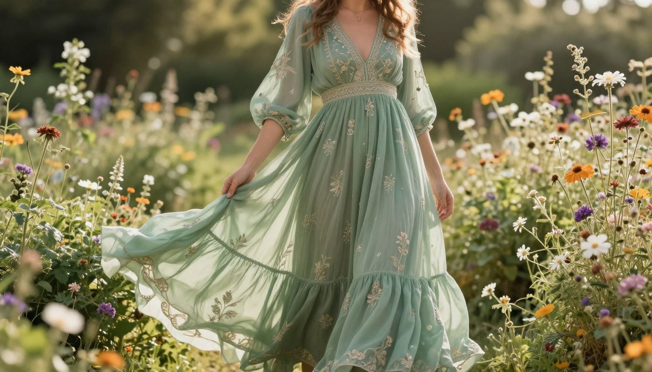 Boho wedding guest outfit featuring flowing maxi dress in outdoor garden setting