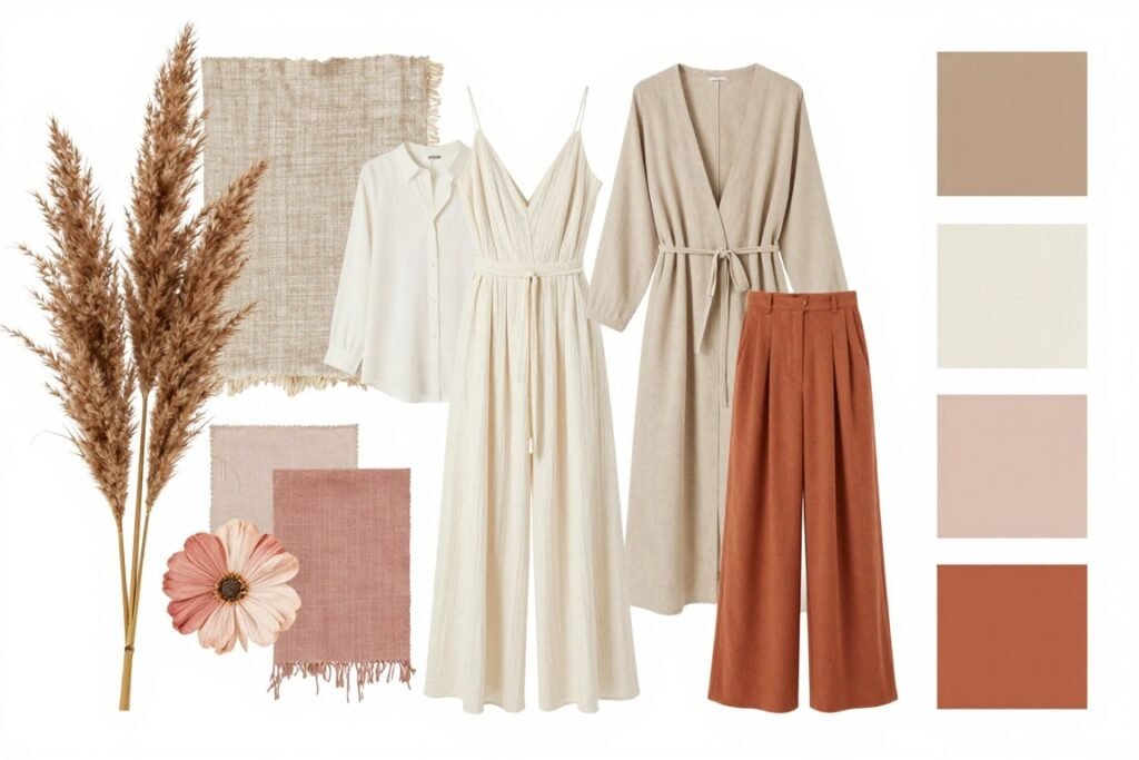 Boho wedding guest outfit mood board with fabric swatches and color palette