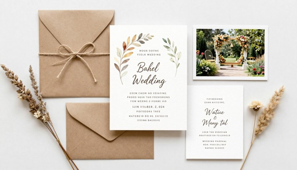 Boho wedding invitation with natural elements and venue details