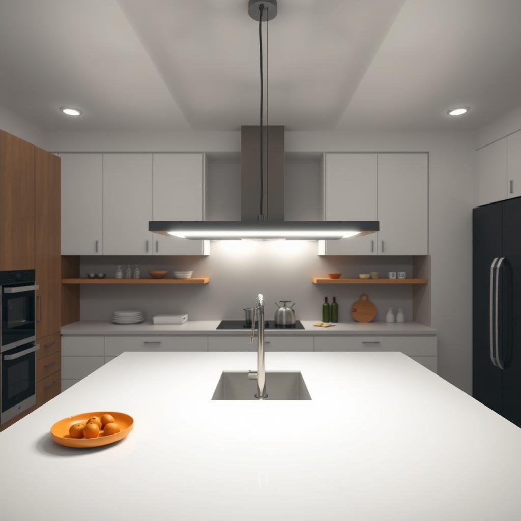 Bright LED island light illuminating kitchen workspace Bright LED island light illuminating kitchen workspace