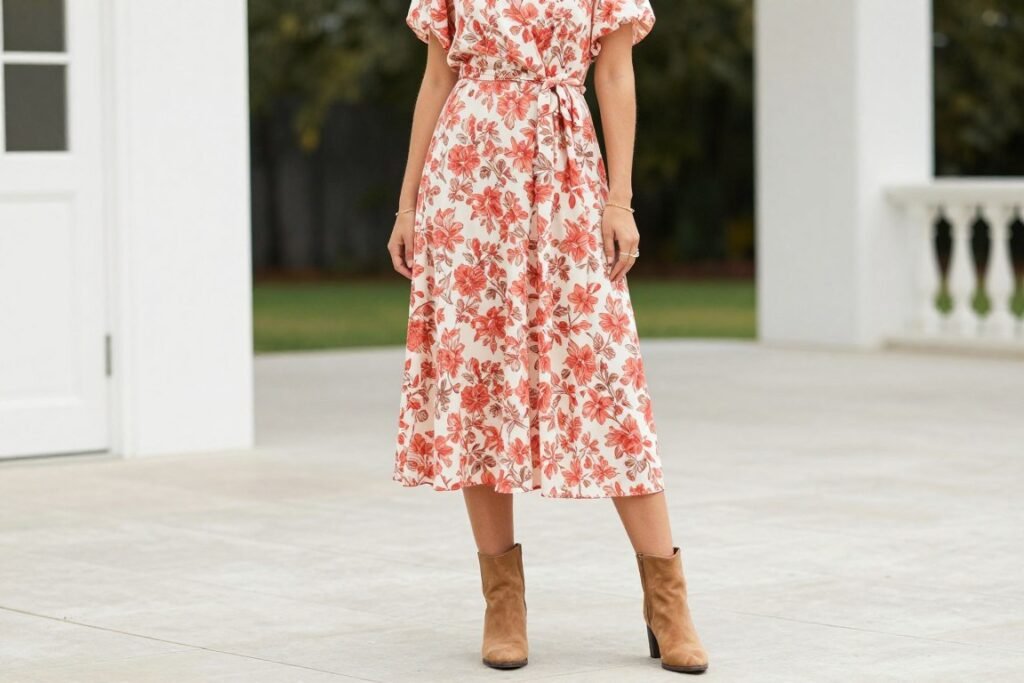 Budget-friendly western wedding guest dress styled with accessories