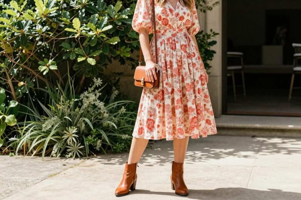 Casual western wedding guest outfit with short floral dress and ankle boots