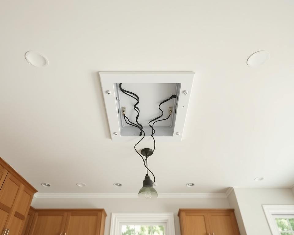 Ceiling electrical box positioned above kitchen island Ceiling electrical box positioned above kitchen island