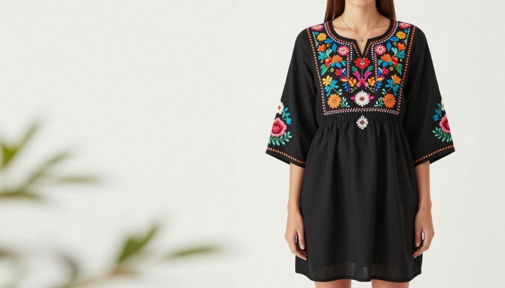 Cocktail length midi dress with bohemian embroidery details