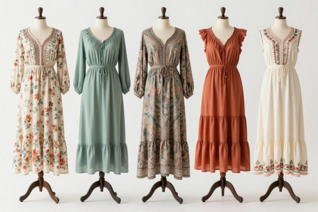 Collection of boho maxi dresses in various patterns and colors