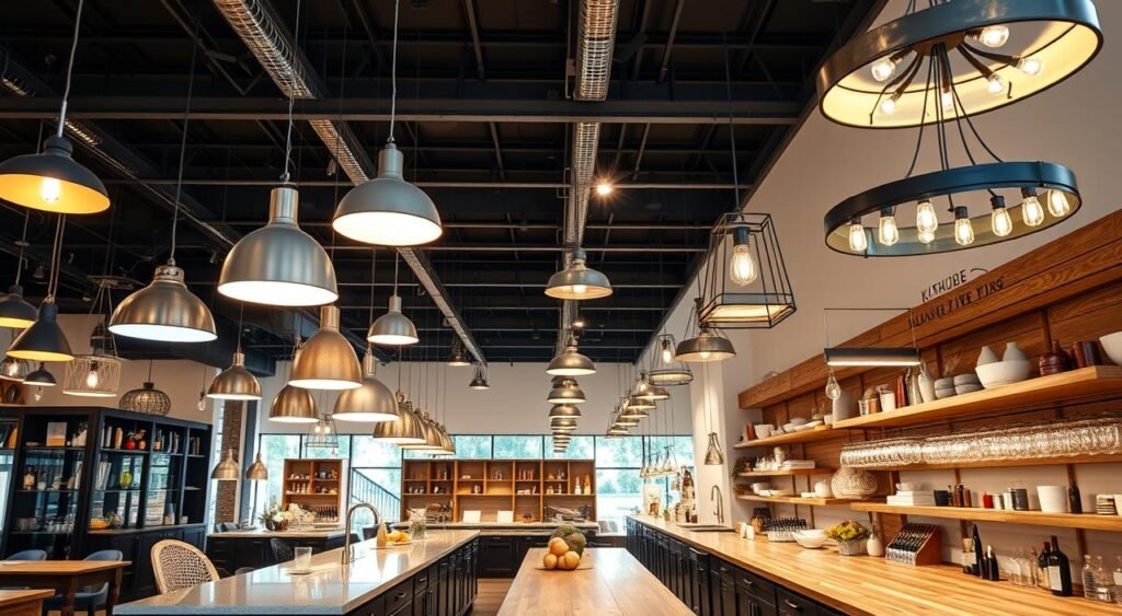 Collection of various kitchen island lighting styles displayed in showroom Collection of various kitchen island lighting styles displayed in showroom