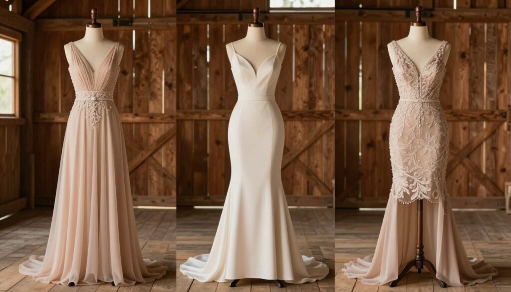 Collection of western wedding guest outfit dress styles including maxi, midi, and mini options