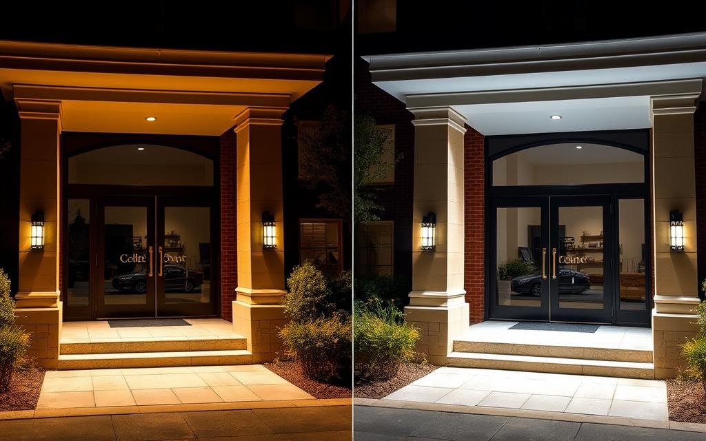 Comparison of warm white versus cool white outdoor lighting Comparison of warm white versus cool white outdoor lighting