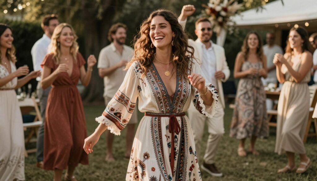 Confident woman in boho wedding guest outfit