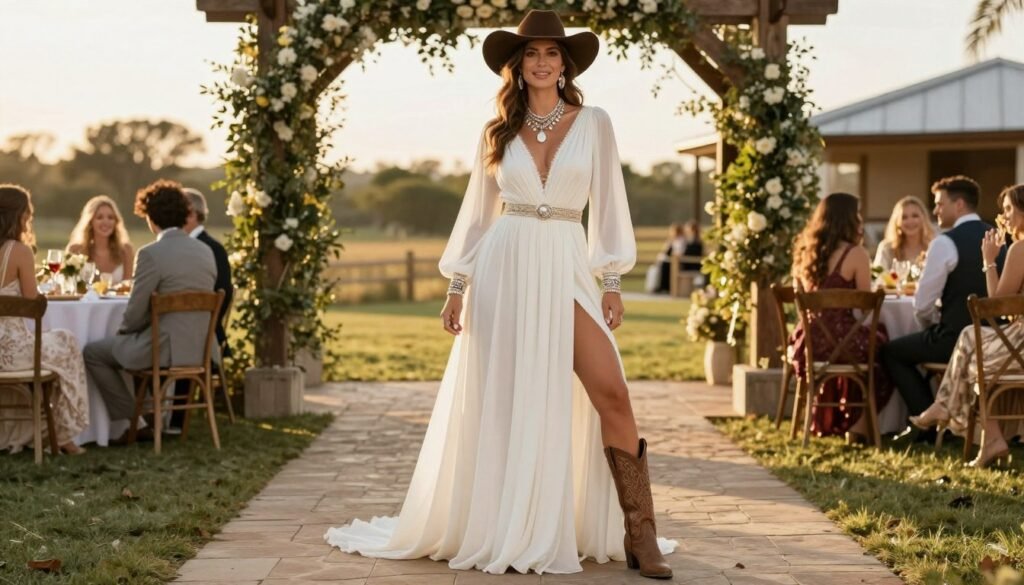 Confident woman in complete western wedding guest outfit