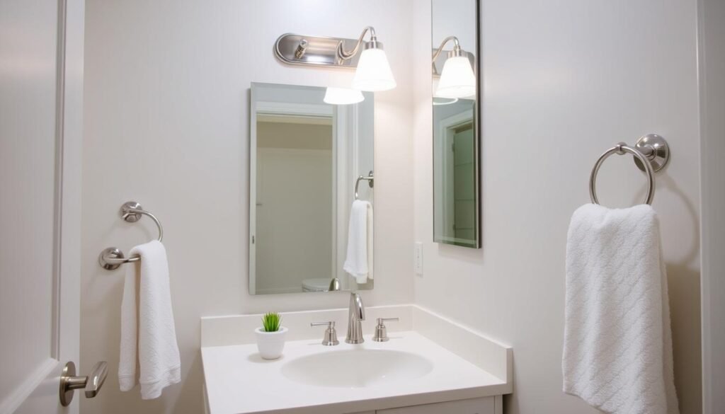 Coordinated bathroom with matching vanity lighting and fixtures Coordinated bathroom with matching vanity lighting and fixtures