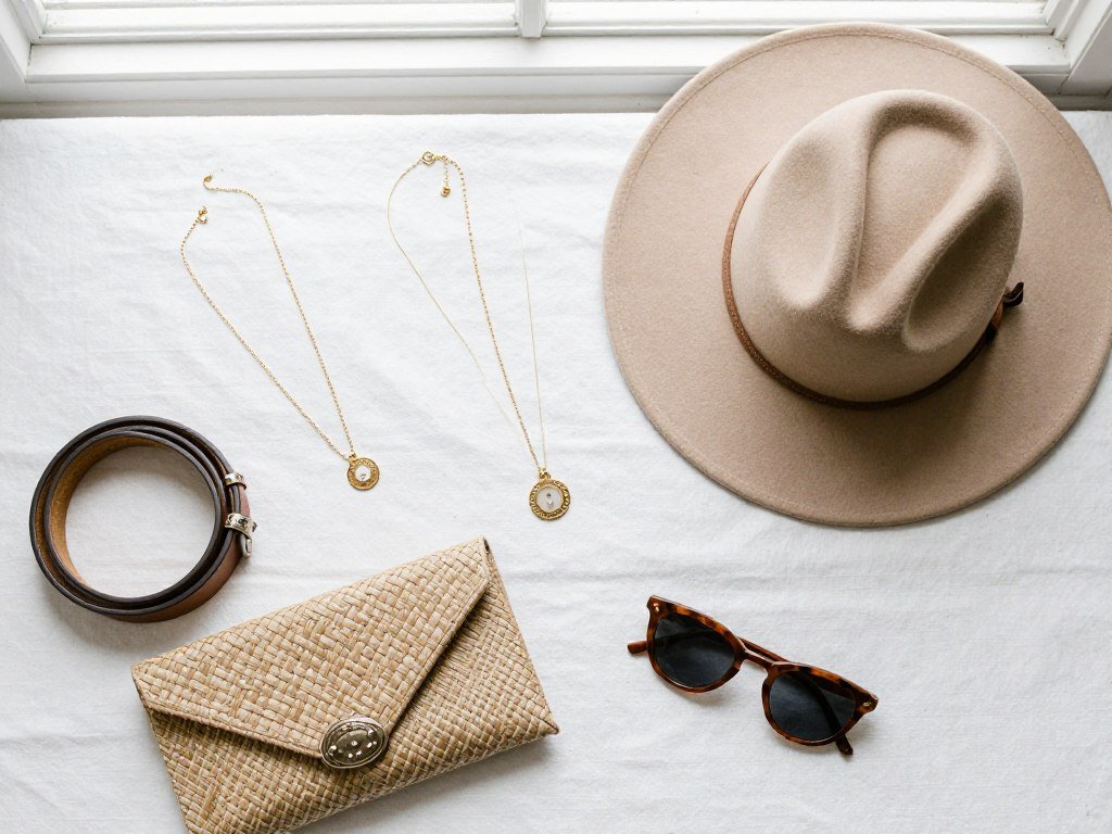 Country wedding accessories including jewelry, hat, and belt