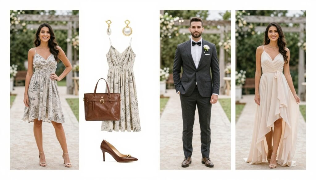 Country wedding dress code examples showing casual to semi-formal attire options