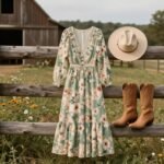 Country wedding guest outfit featuring floral maxi dress with cowboy boots in rustic barn setting