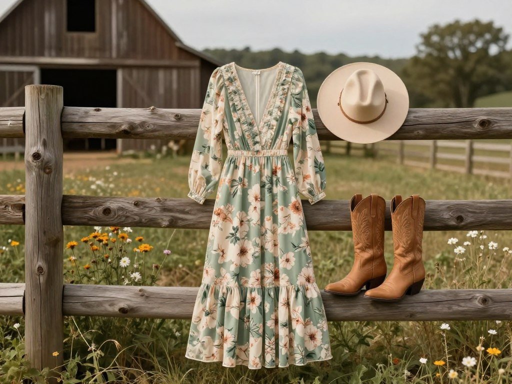 Country wedding guest outfit featuring floral maxi dress with cowboy boots in rustic barn setting