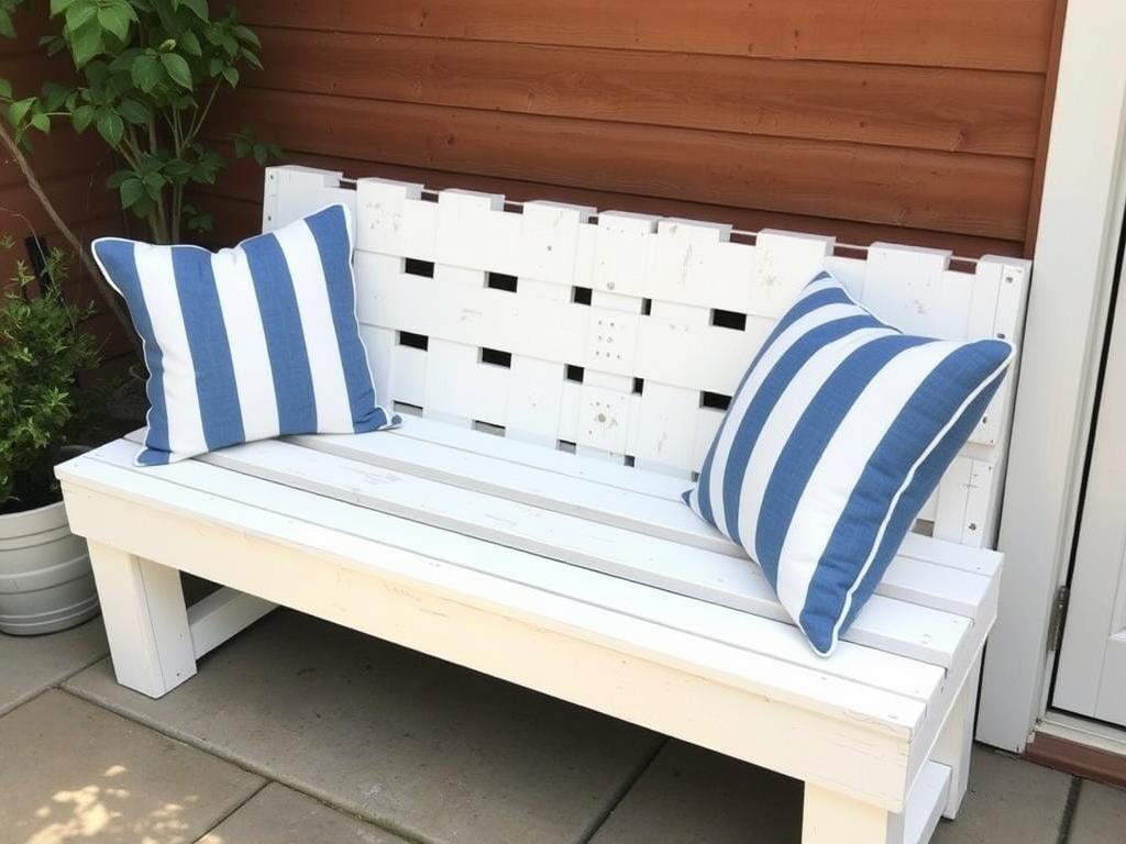 DIY pallet furniture bench with outdoor cushions on patio